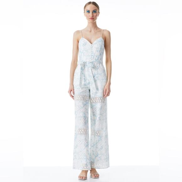 Alice and Olivia Embroidered Eyelet Wide Leg Jumpsuit 12 New Retails $550 - Picture 1 of 7